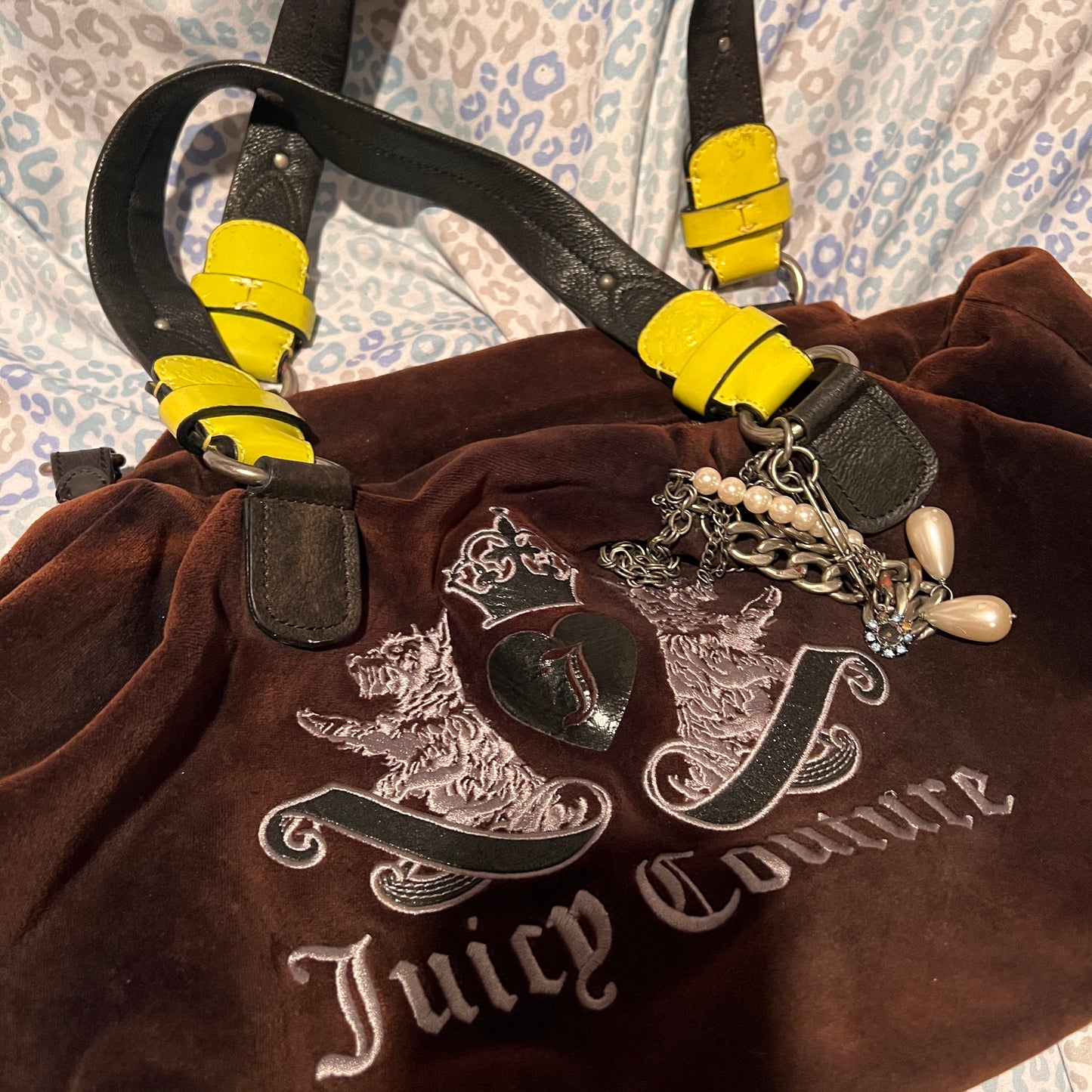 Vintage Yellow Black Juicy Couture Purse Tote Bag Handbag Velour Y2K Scottie Dog