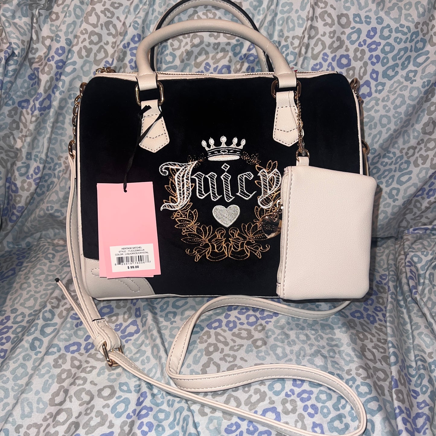 New White Black Juicy Couture Handbag Bag Purse Heritage Satchel Velvet MSRP $99