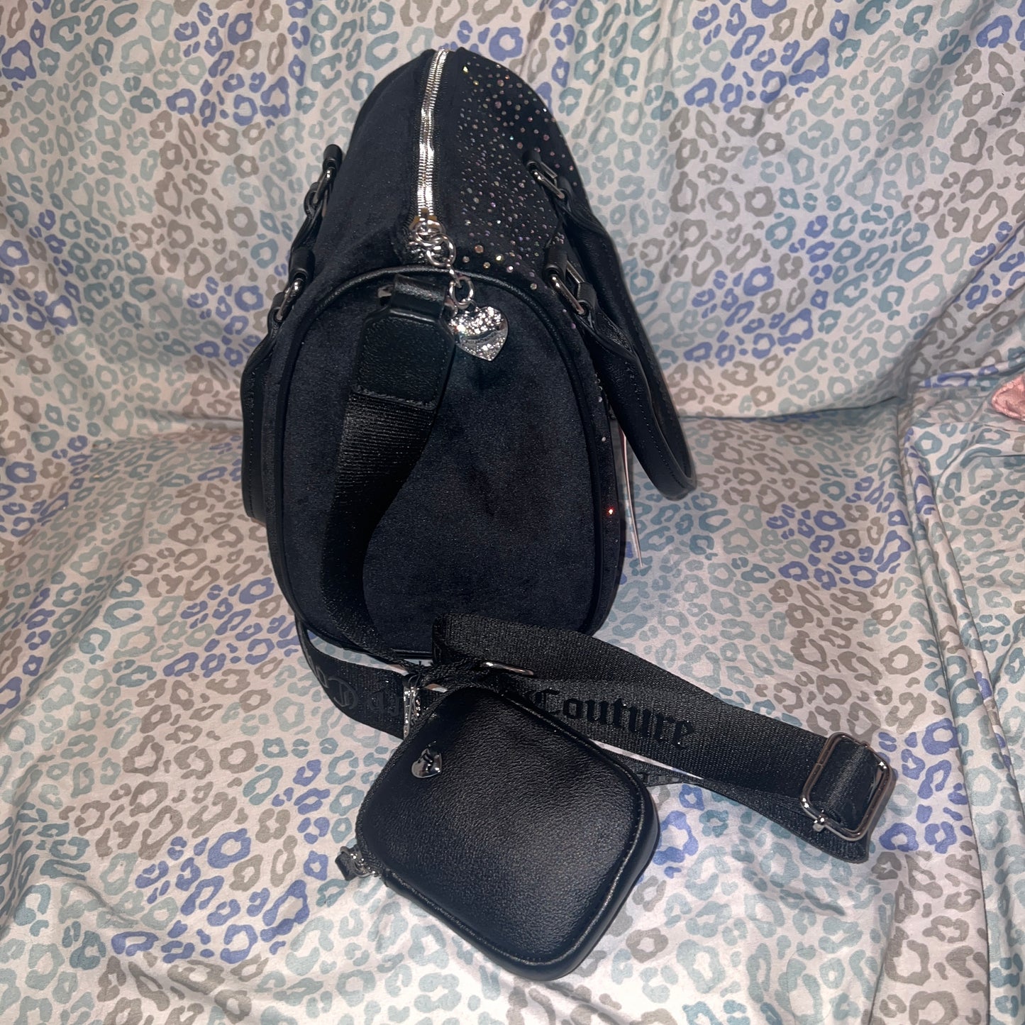 New Black Juicy Couture Satchel Bag Purse Crossbody Velvet Rhinestone MSRP $99