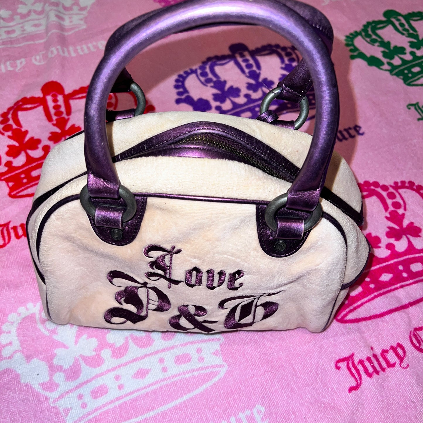Vintage Purple Cream Juicy Couture Purse Satchel Bowler Bag Handbag Velour Y2K