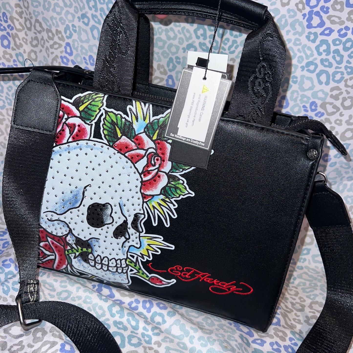 New Black ED HARDY Purse Tote Bag Crossbody Tattoo Skull Roses NWT Y2K MSRP $75