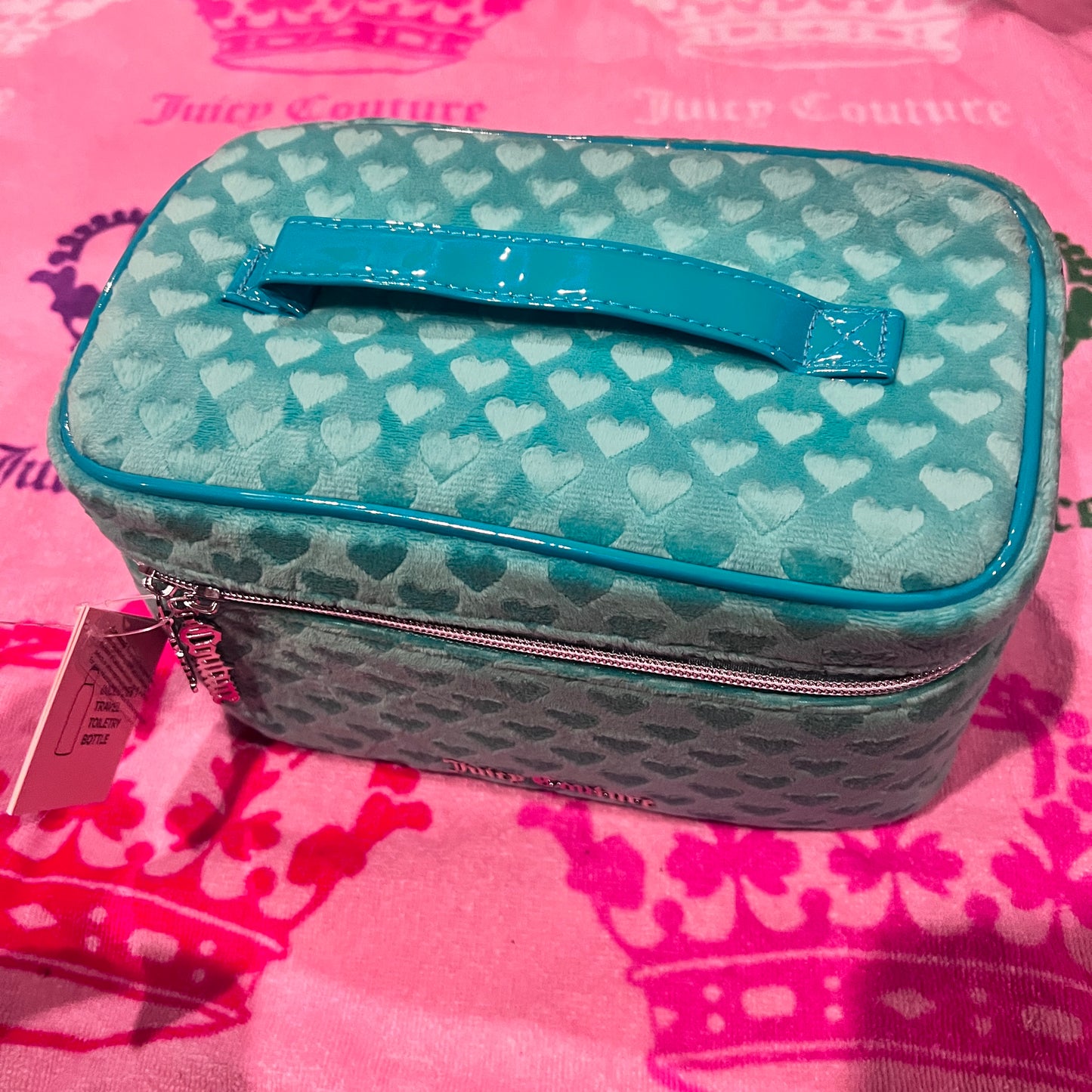 New Turquoise Juicy Couture Train Case Makeup Bag Velvet Cosmetic Purse Hearts