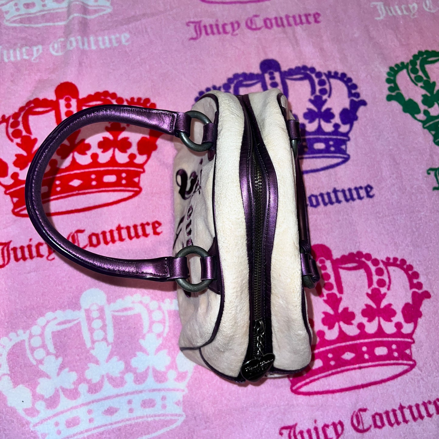 Vintage Purple Cream Juicy Couture Purse Satchel Bowler Bag Handbag Velour Y2K