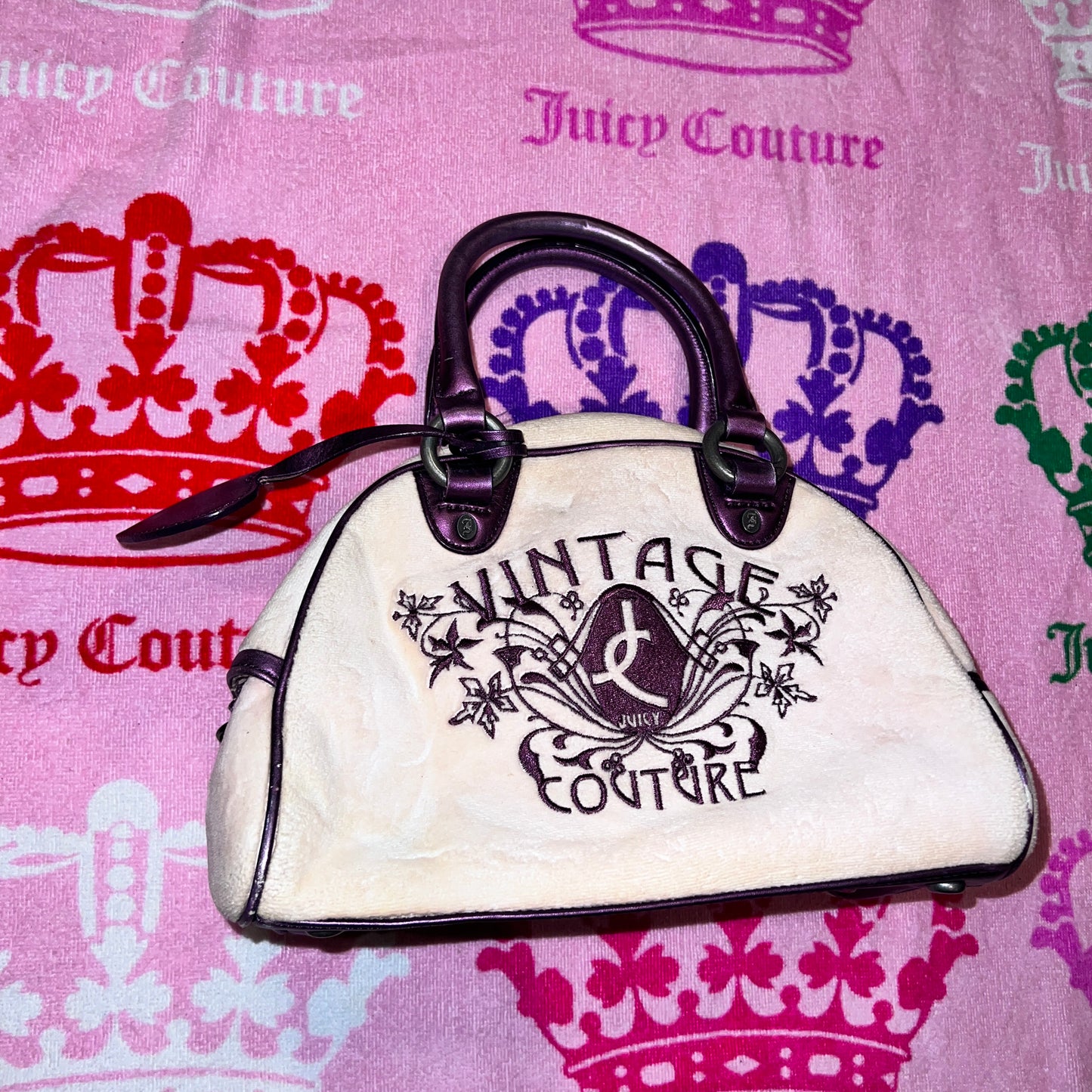 Vintage Purple Cream Juicy Couture Purse Satchel Bowler Bag Handbag Velour Y2K