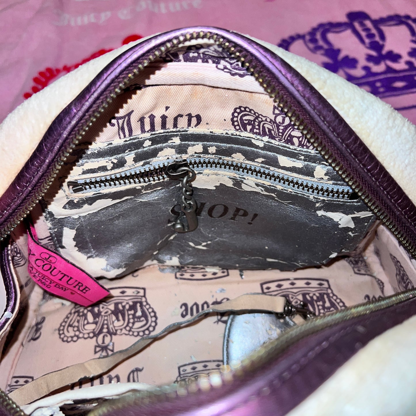 Vintage Purple Cream Juicy Couture Purse Satchel Bowler Bag Handbag Velour Y2K