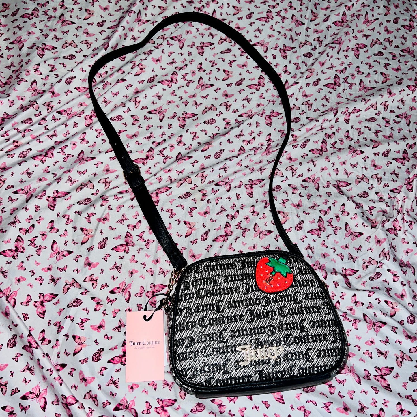 New Black Grey Juicy Couture Crossbody Purse Strawberry MSRP $79 Camera Bag