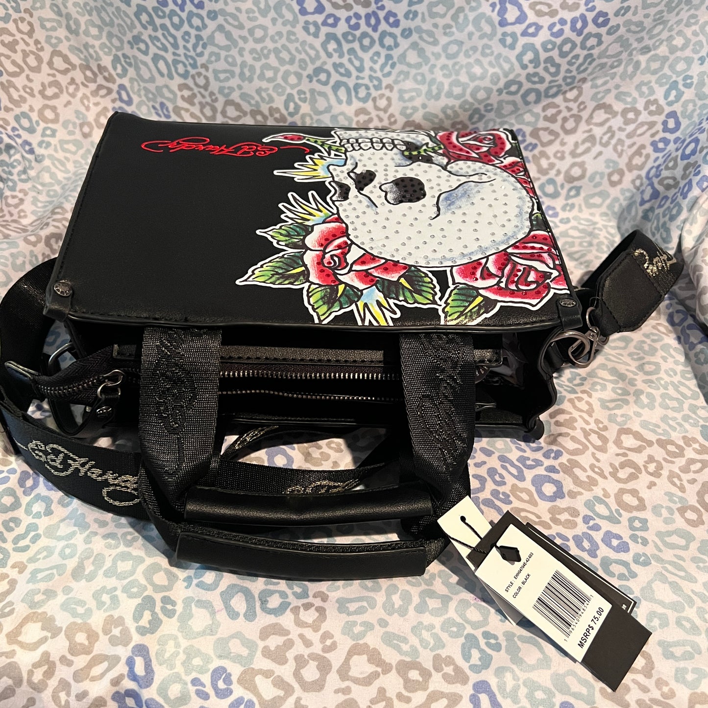 New Black ED HARDY Purse Tote Bag Crossbody Tattoo Skull Roses NWT Y2K MSRP $75