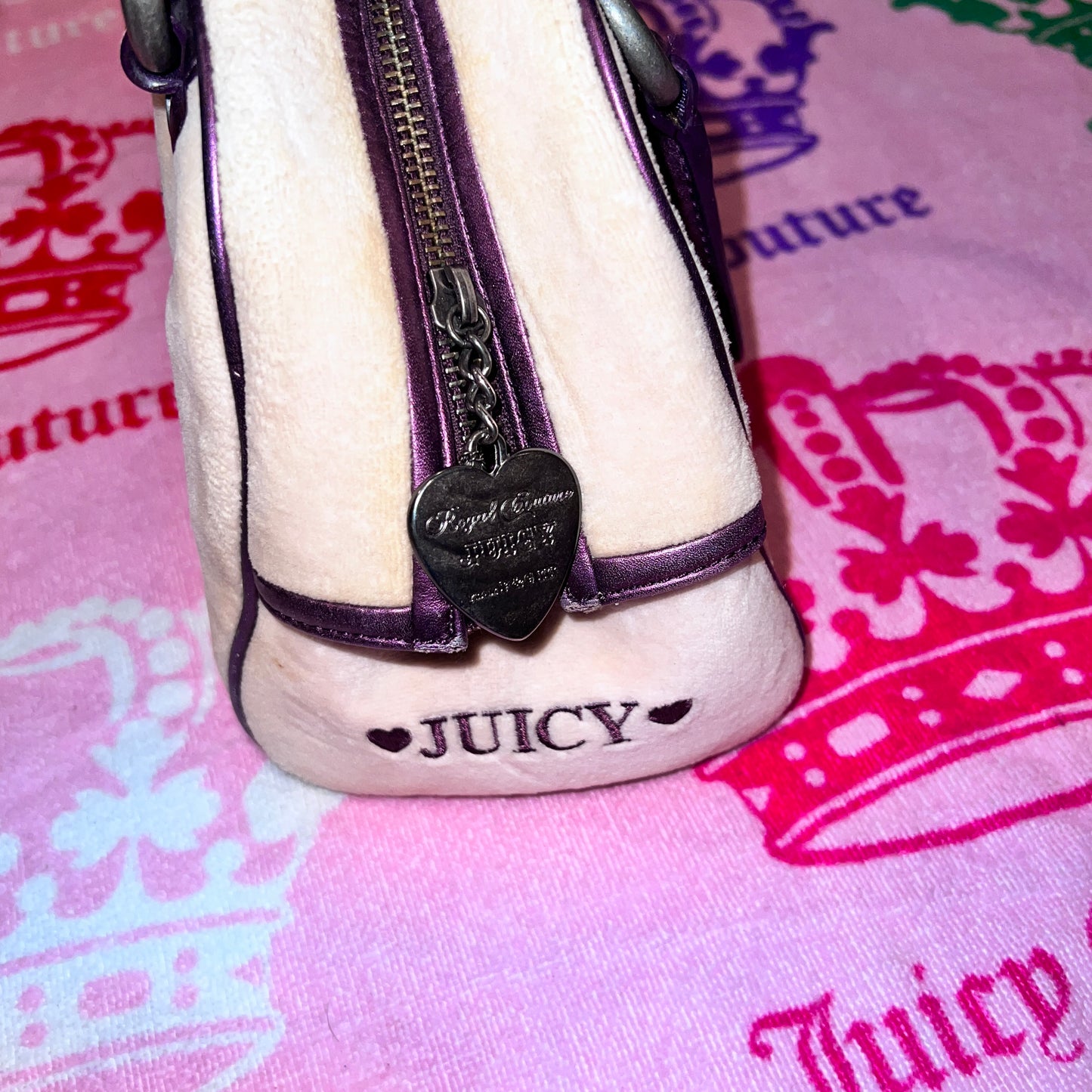 Vintage Purple Cream Juicy Couture Purse Satchel Bowler Bag Handbag Velour Y2K