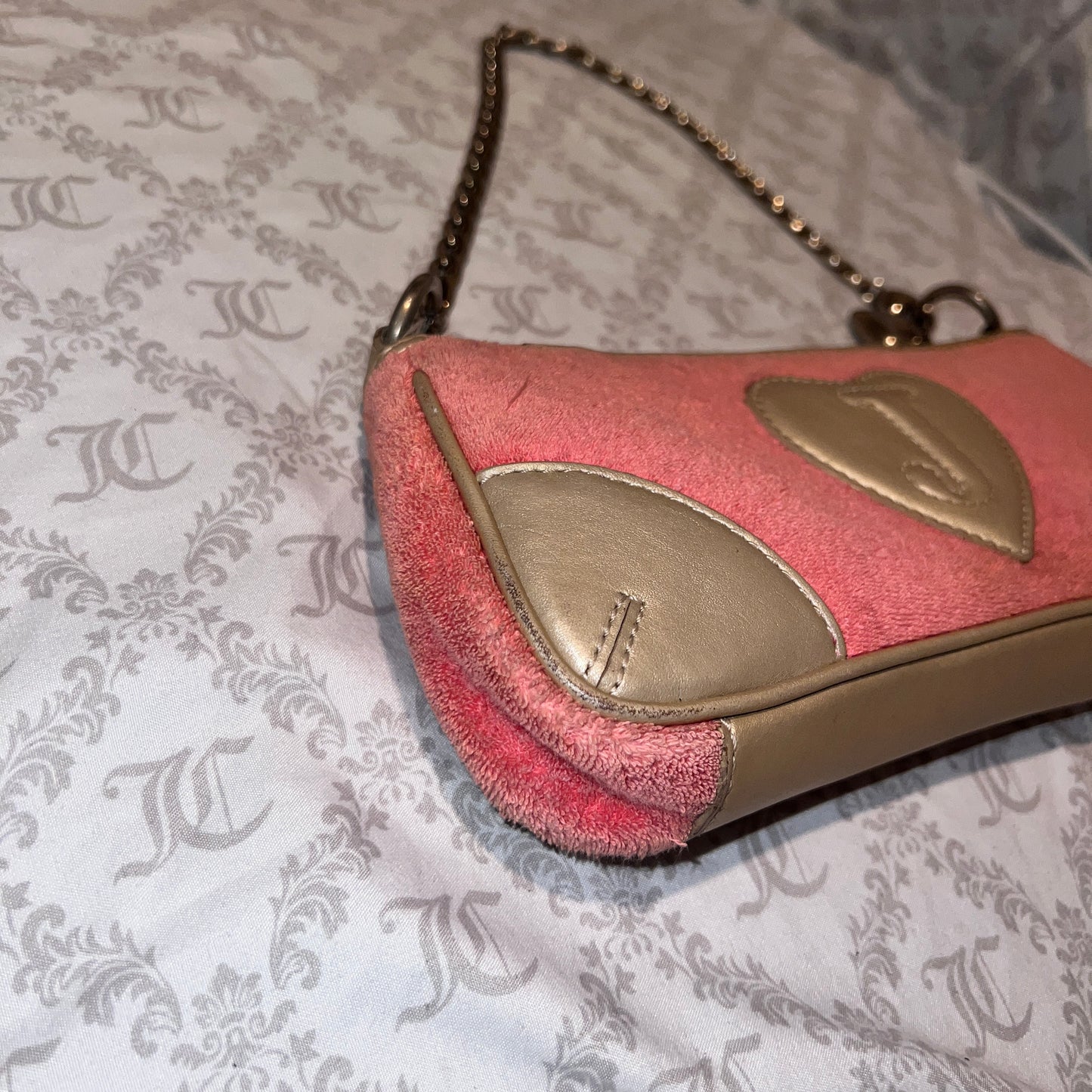Vintage Gold Salmon Pink Juicy Couture Purse Bag Clutch Handbag Y2K Terry Cloth