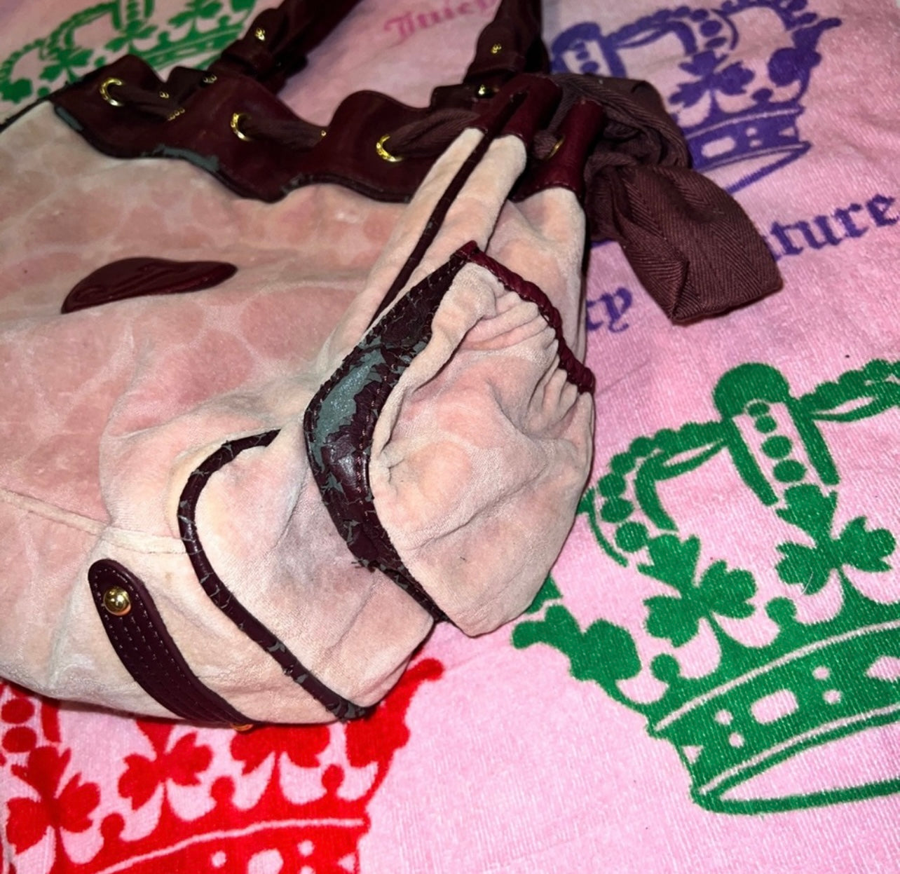 Vintage Pink Juicy Couture Purse Tote Bag Handbag Velour Daydreamer Y2K Hearts