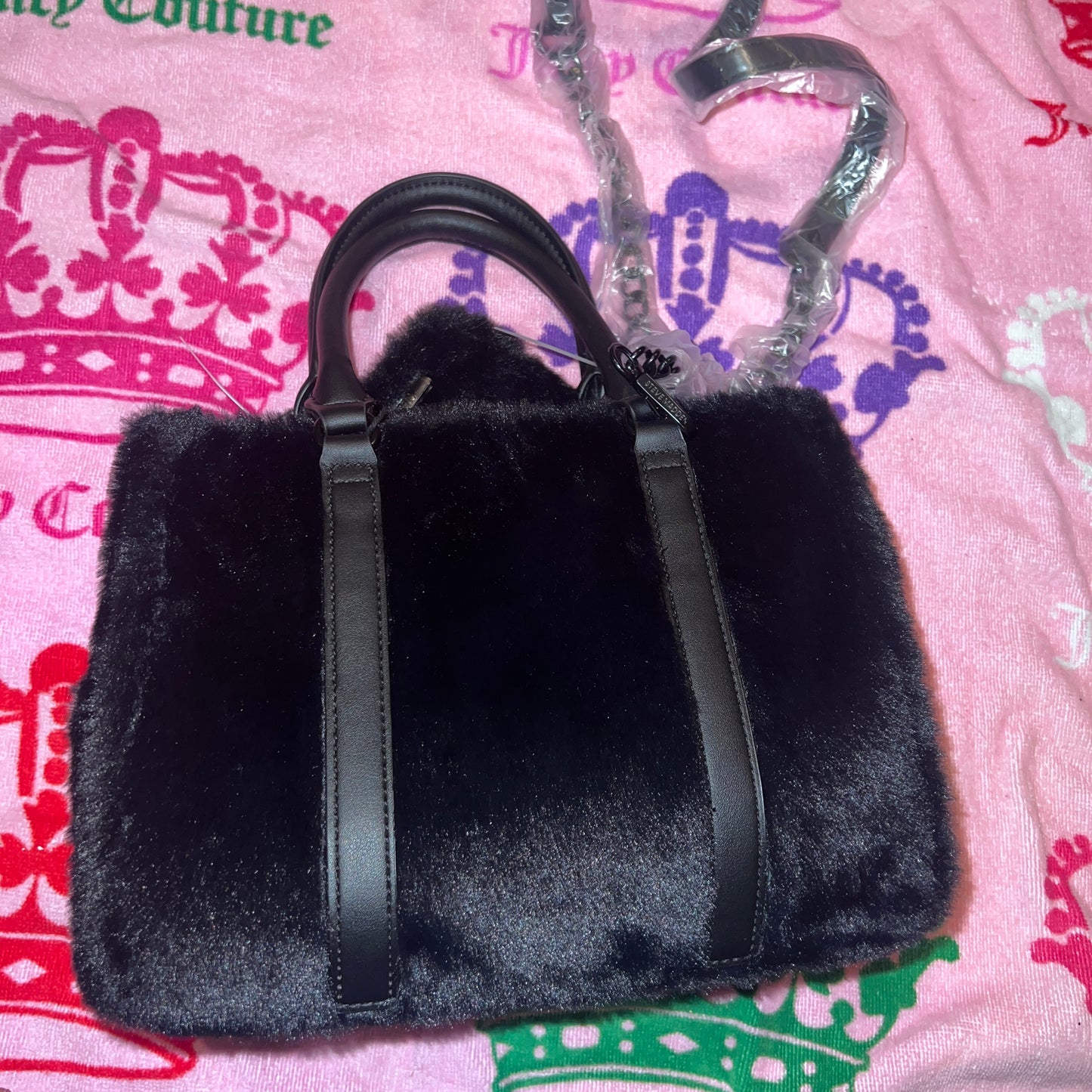 New Faux Fur Black Steve Madden Purse Satchel Bag Handbag MSRP $98 Bmickey
