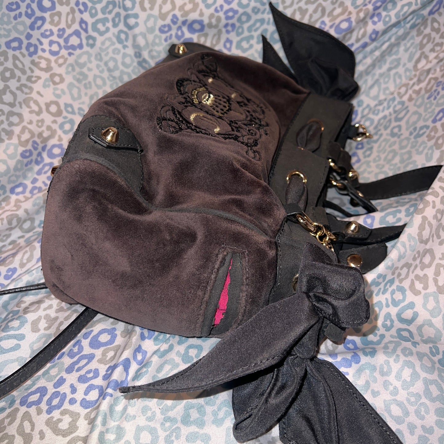 Vintage Black Grey Juicy Couture Purse Mini Daydreamer Tote Bag Handbag Velour