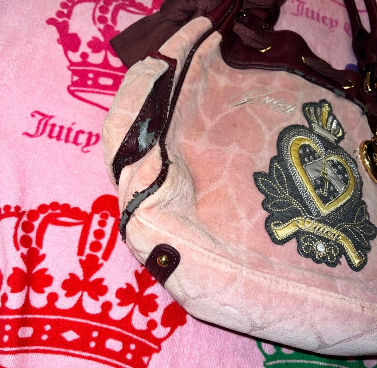 Vintage Pink Juicy Couture Purse Tote Bag Handbag Velour Daydreamer Y2K Hearts