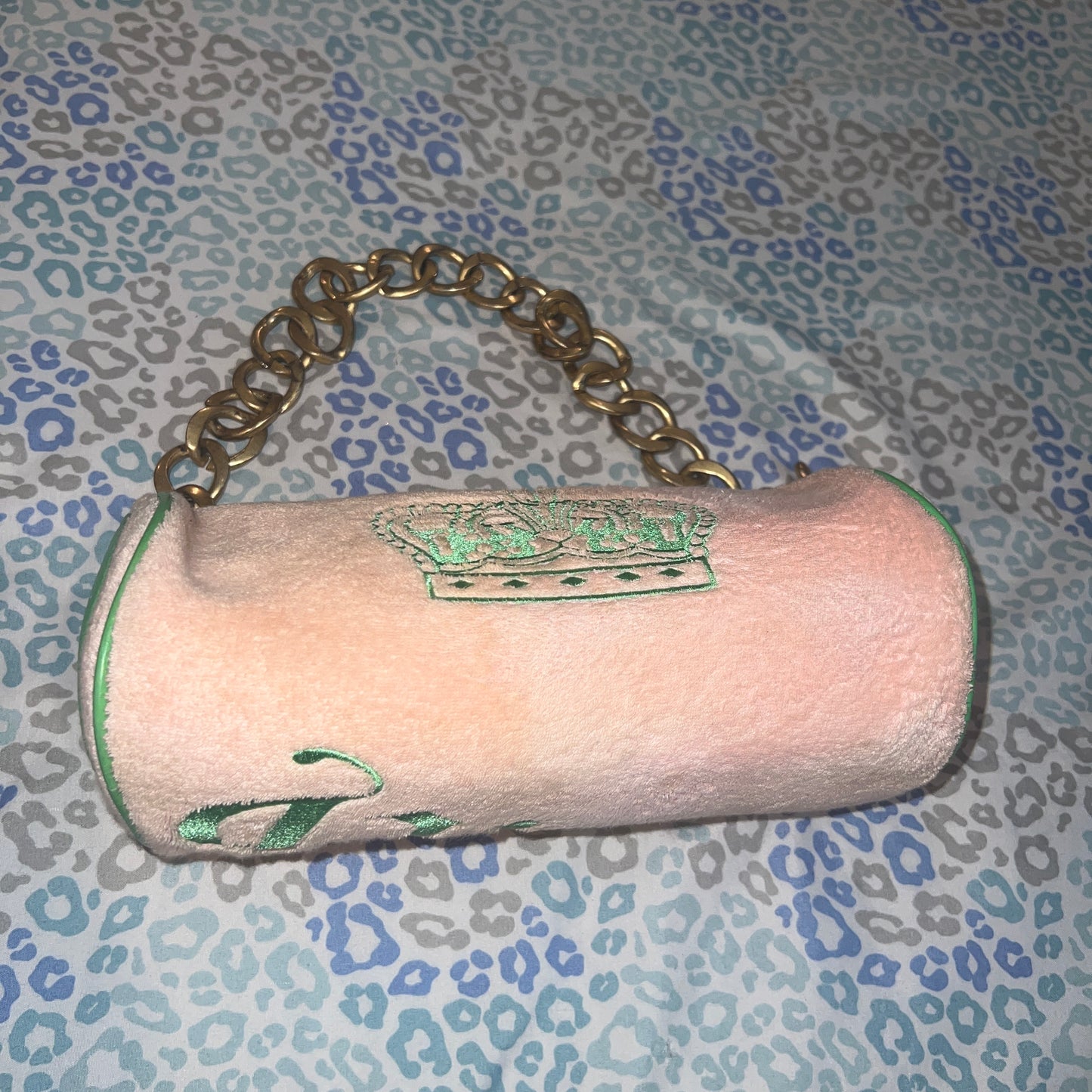 Vintage Green Pink Juicy Couture Barrel Bag Purse Satchel - Terry Cloth