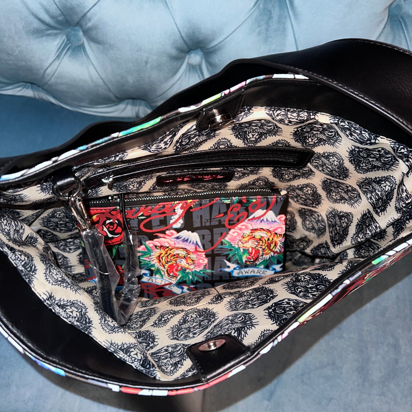 New Large Black ED HARDY Purse + Pouch NWT Tote Bag Tattoo Skull Heart Y2K