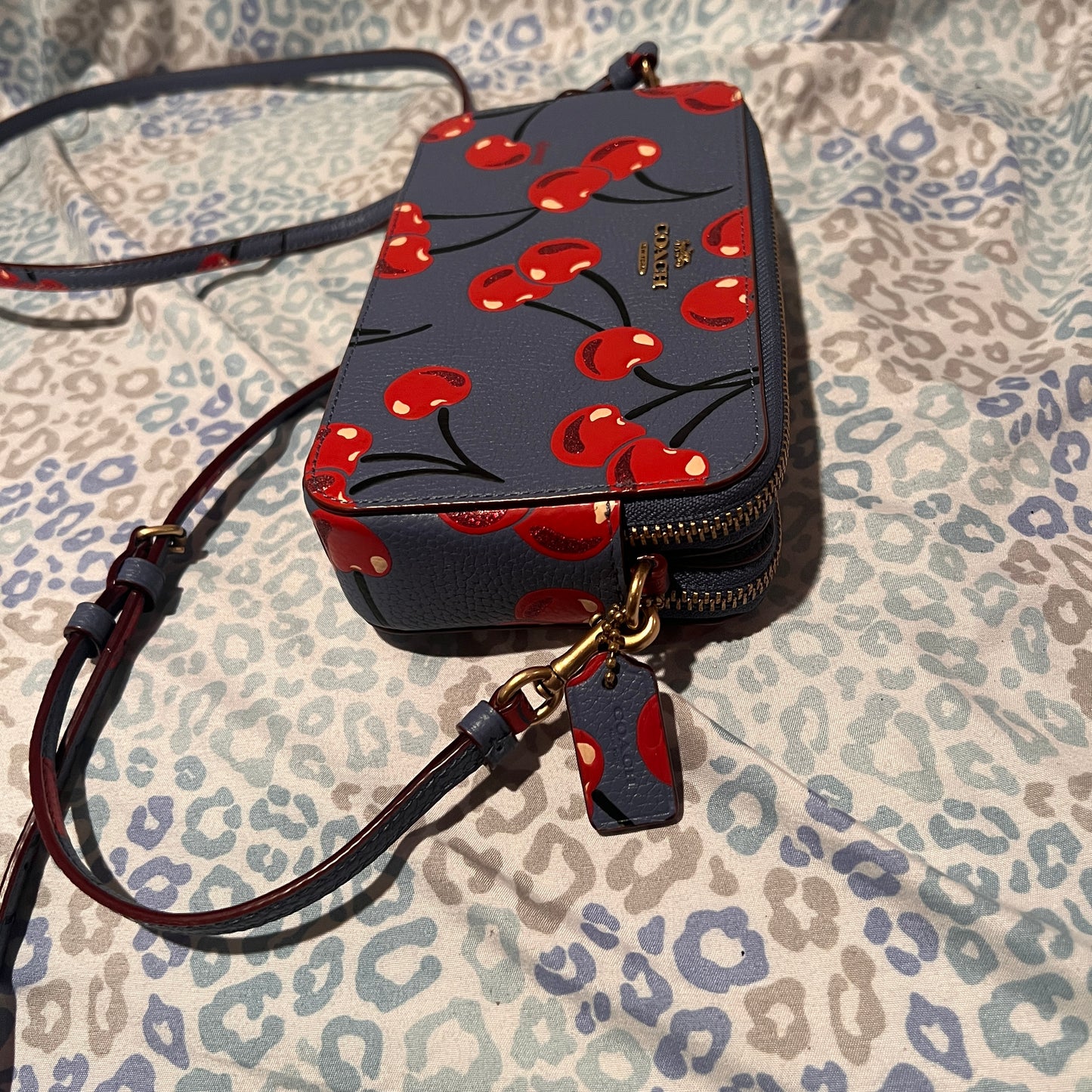 Red Blue COACH Cherry Print Kira Crossbody Bag Purse