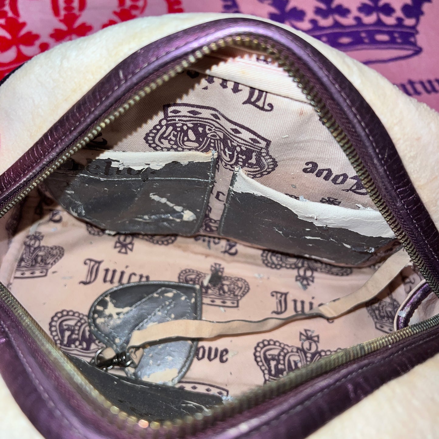 Vintage Purple Cream Juicy Couture Purse Satchel Bowler Bag Handbag Velour Y2K