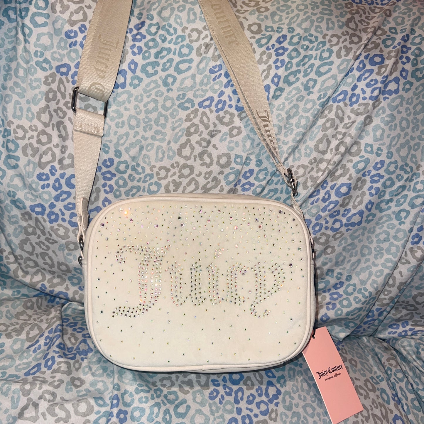New White Juicy Couture Purse Crossbody Bag Velour Rhinestones