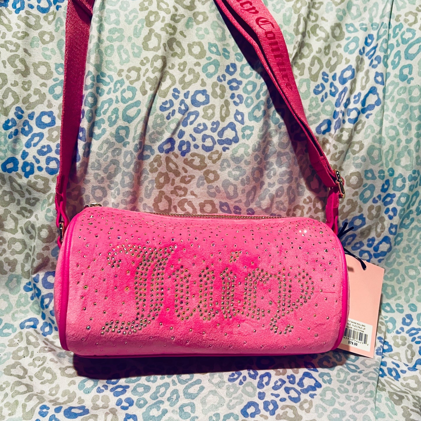 New Pink Juicy Couture Purse Barrel Bag Rhinestone Crossbody Velvet Let It Shine