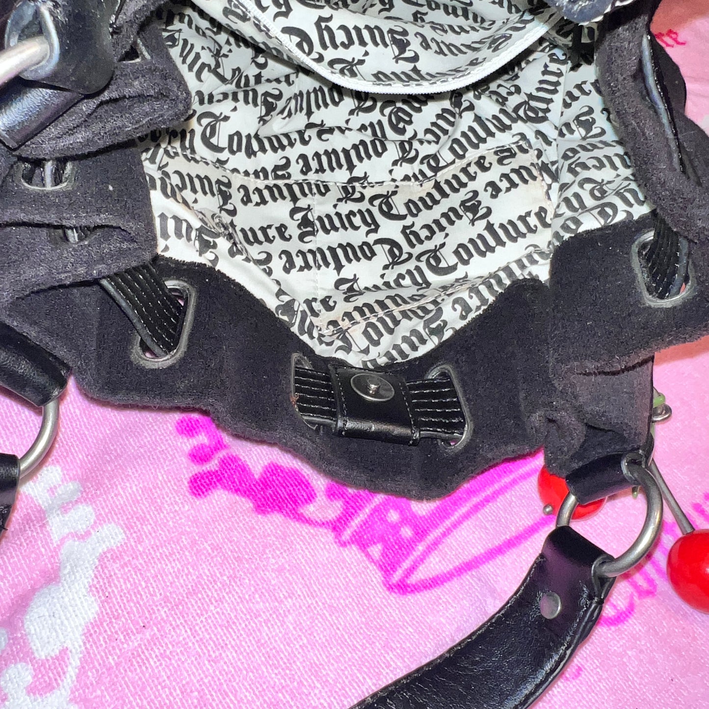 Vintage Black Juicy Couture Purse Satchel Bag Handbag Terry Cloth Y2K Cherry