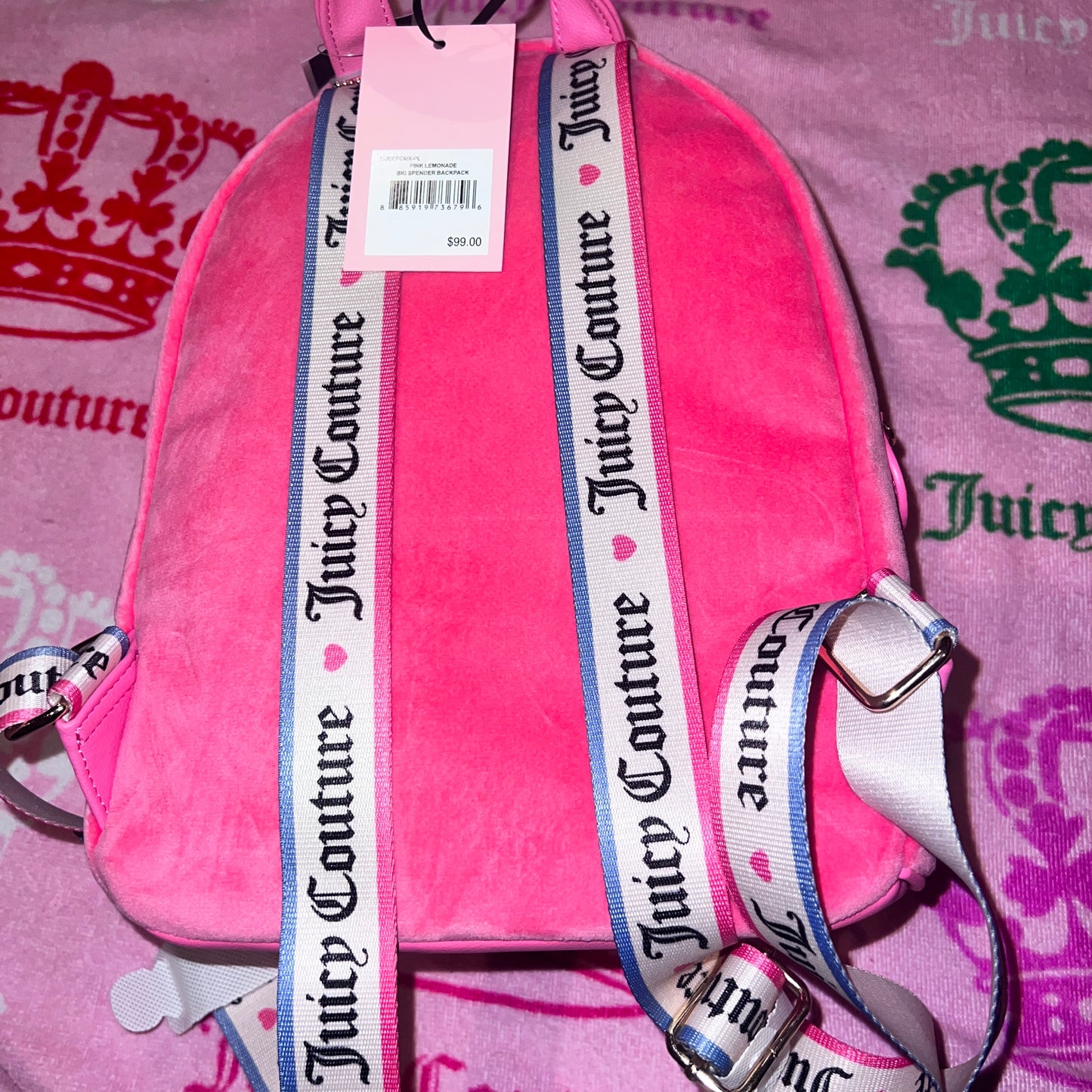 New Pink Juicy Couture Backpack + Bag Charm NWT Purse Bag Velvet MSRP $99