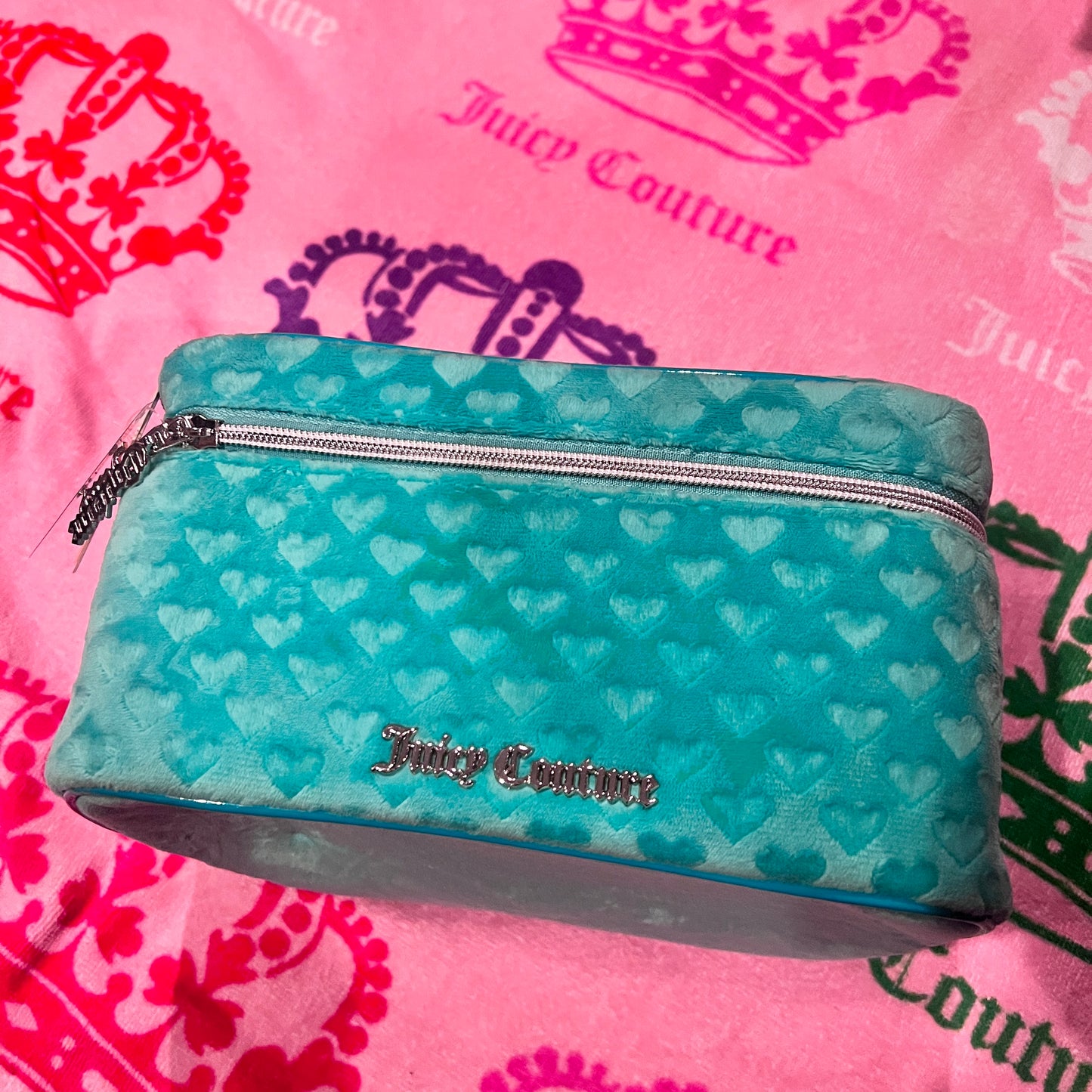 New Turquoise Juicy Couture Train Case Makeup Bag Velvet Cosmetic Purse Hearts