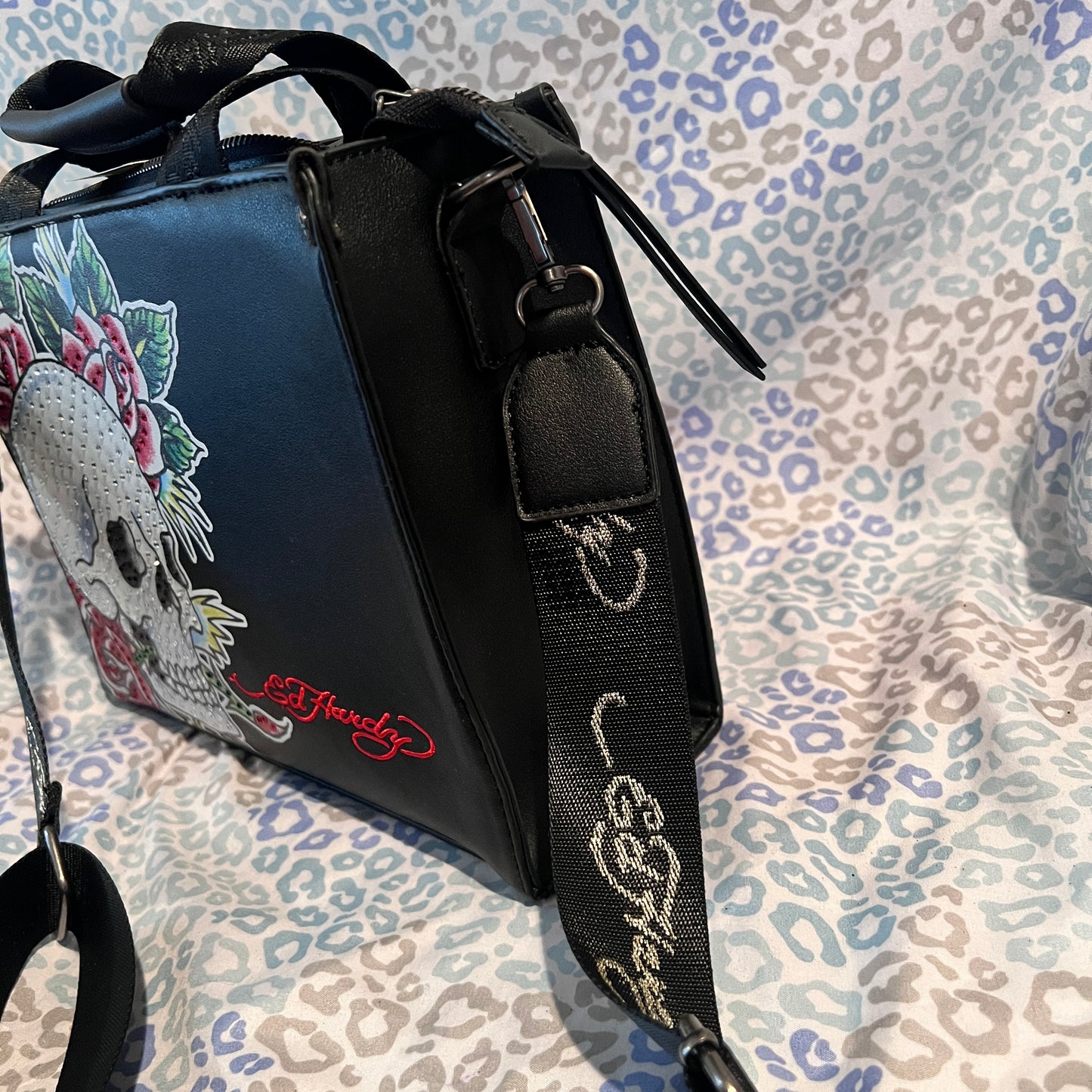 New Black ED HARDY Purse Tote Bag Crossbody Tattoo Skull Roses NWT Y2K MSRP $75
