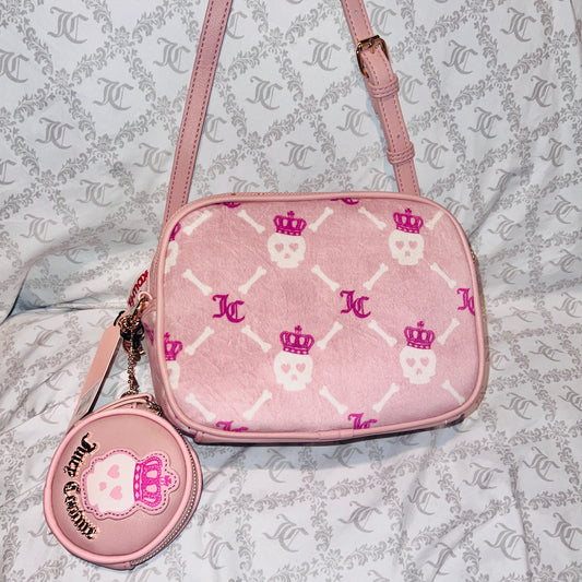 New Pink Juicy Couture Crossbody Bag Purse Skull Velvet Haunted Couture MSRP $79