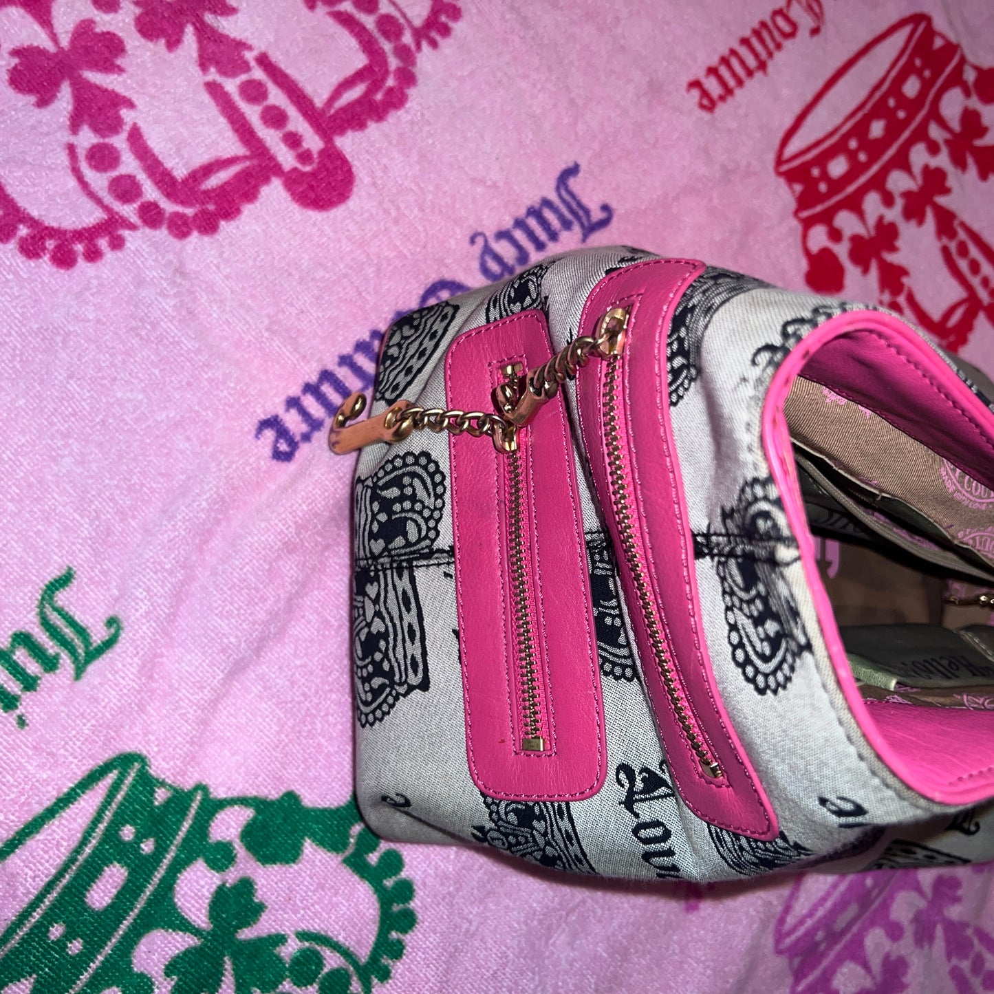 Vintage Pink Black Juicy Couture Purse Tote Bag Satchel XL Size Y2K