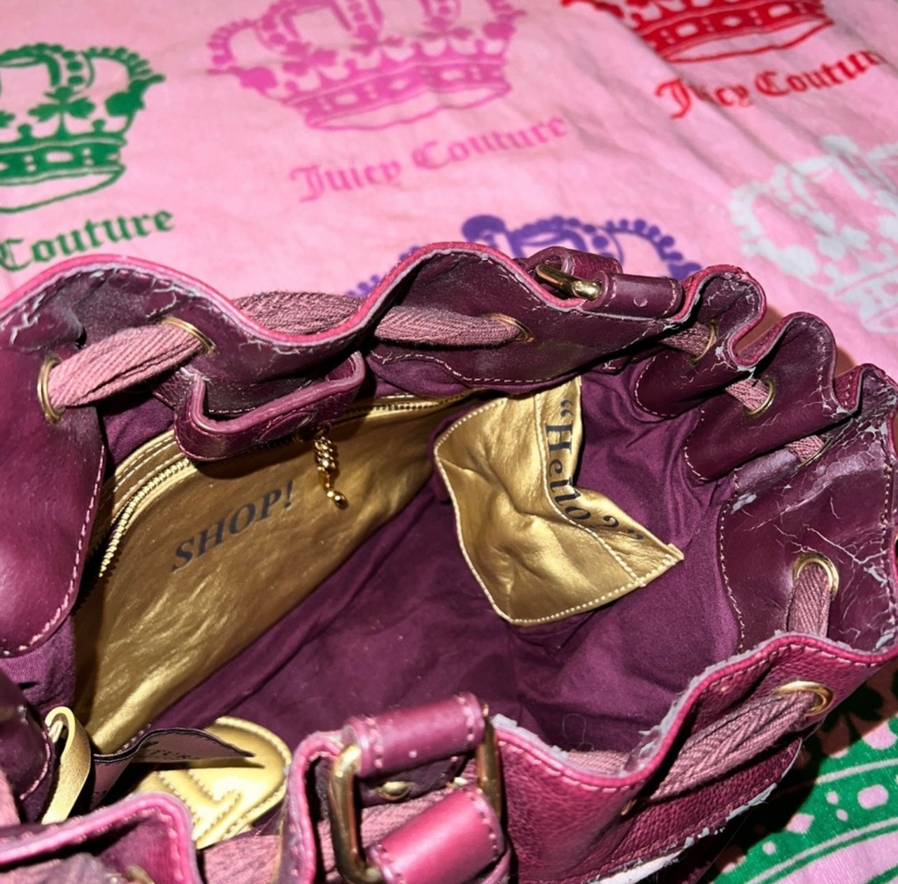 Vintage Pink Juicy Couture Purse Tote Bag Handbag Velour Daydreamer Y2K Hearts