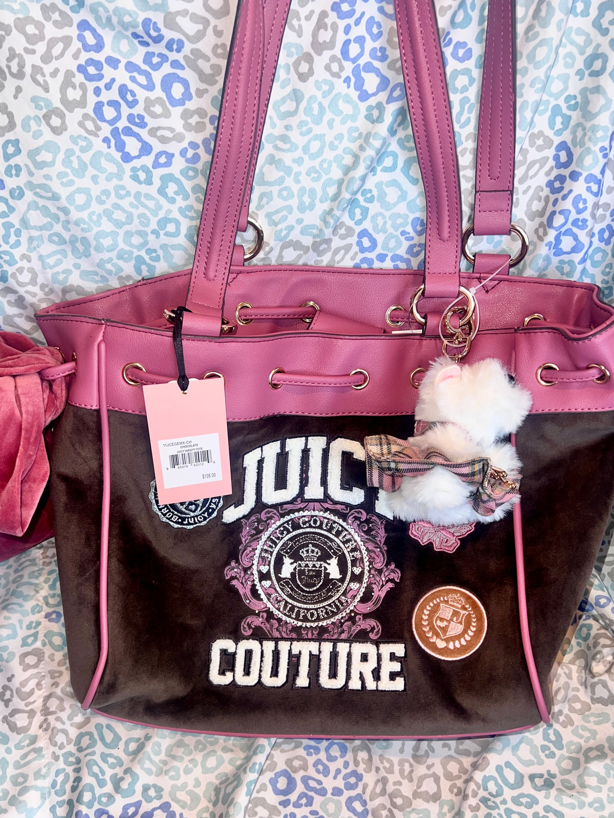 New Pink Brown Juicy Couture Purse Daydreamer Tote Bag Velour Handbag Patches
