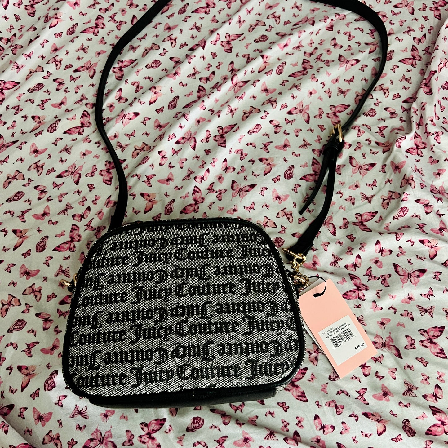 New Black Grey Juicy Couture Crossbody Purse Strawberry MSRP $79 Camera Bag