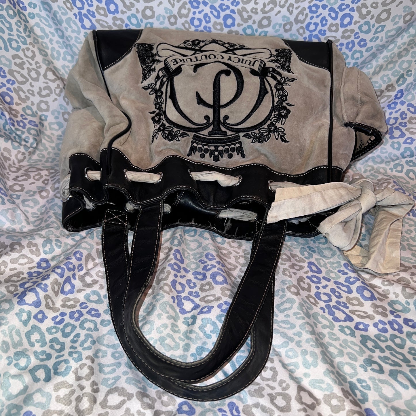 Vintage Grey Black Juicy Couture Tote Bag Purse Daydreamer Velour Handbag Y2K