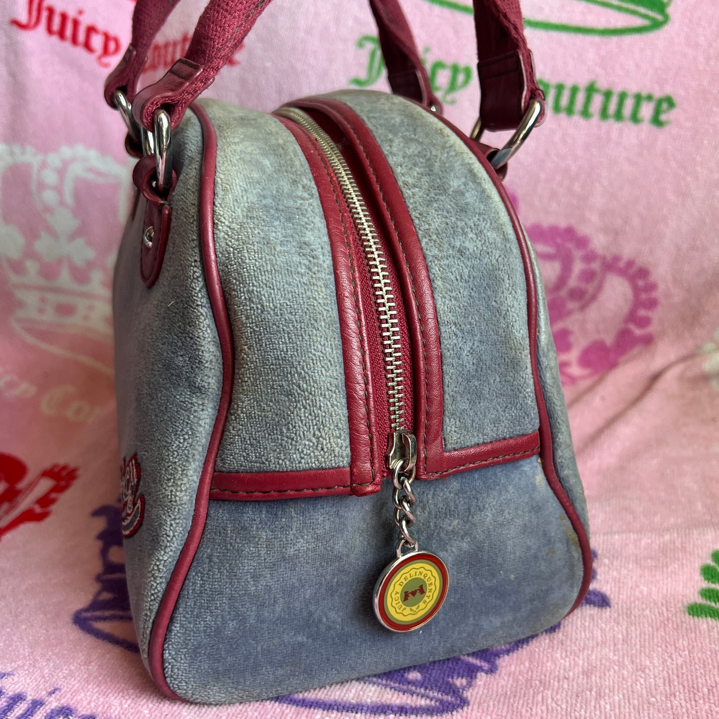 Vintage Red Blue Juicy Couture Bowler Bag Purse Handbag Trustfund University Y2K