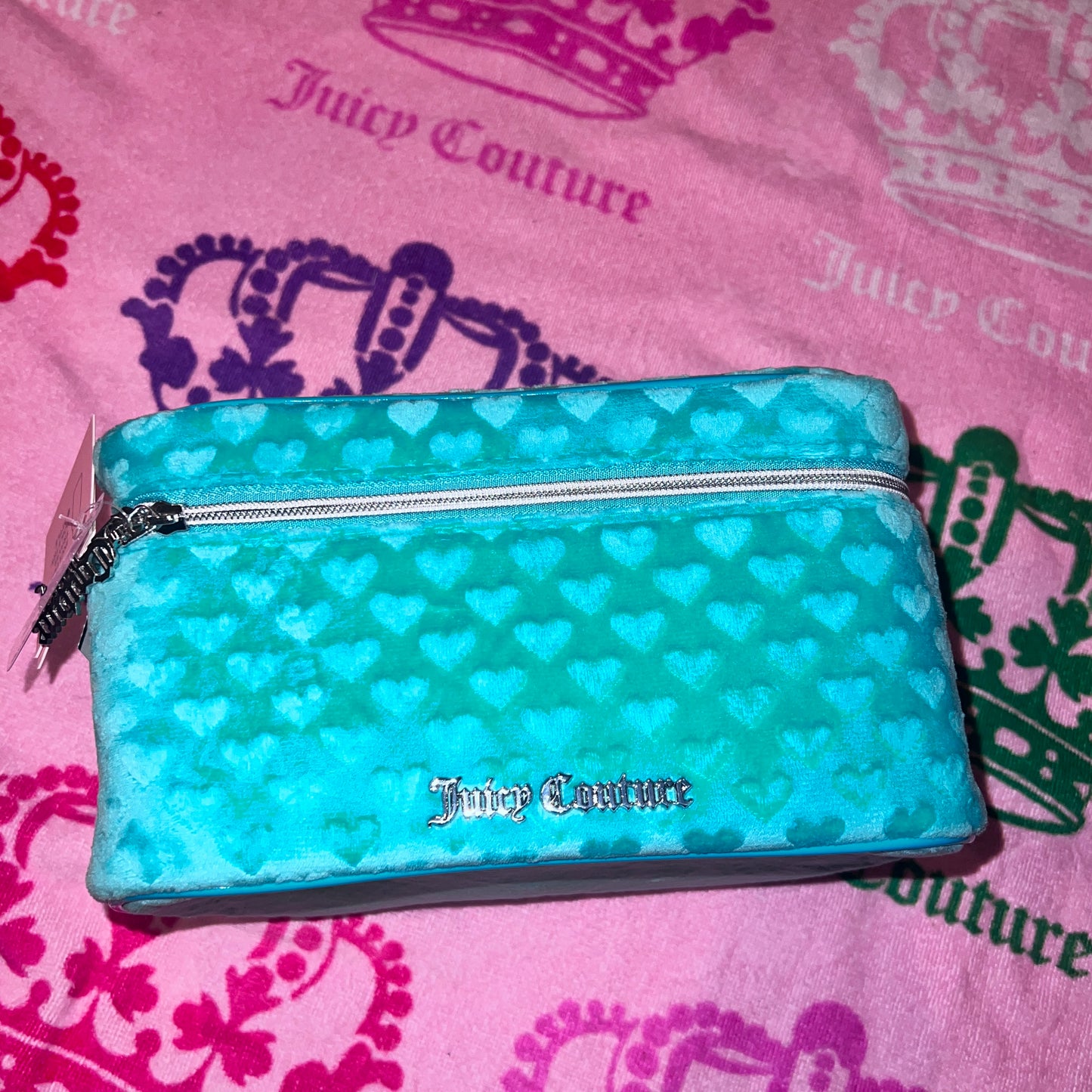 New Turquoise Juicy Couture Train Case Makeup Bag Velvet Cosmetic Purse Hearts