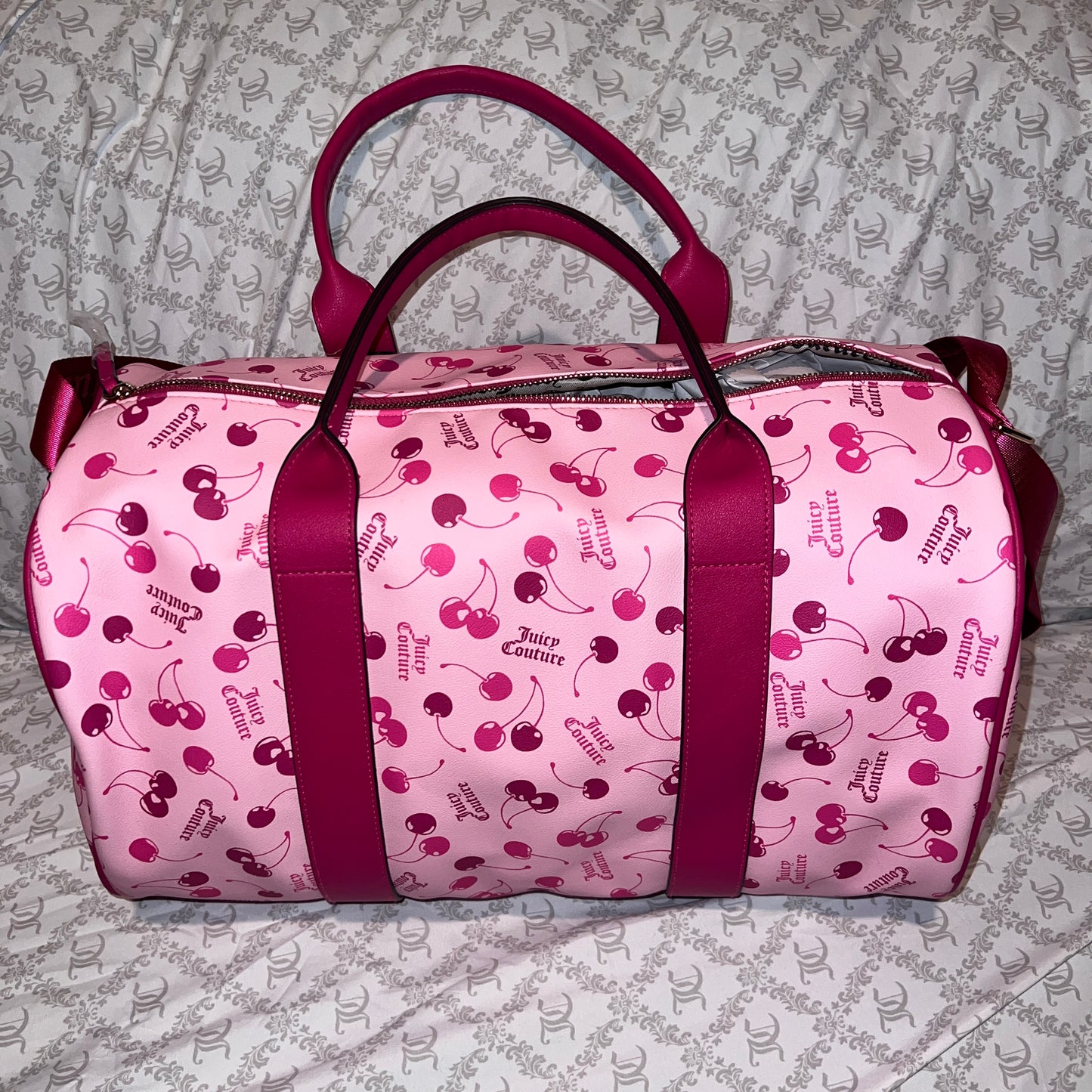 New Juicy Couture Pink Raspberry Cherry Weekender Travel Duffel Bag Cherries NWT