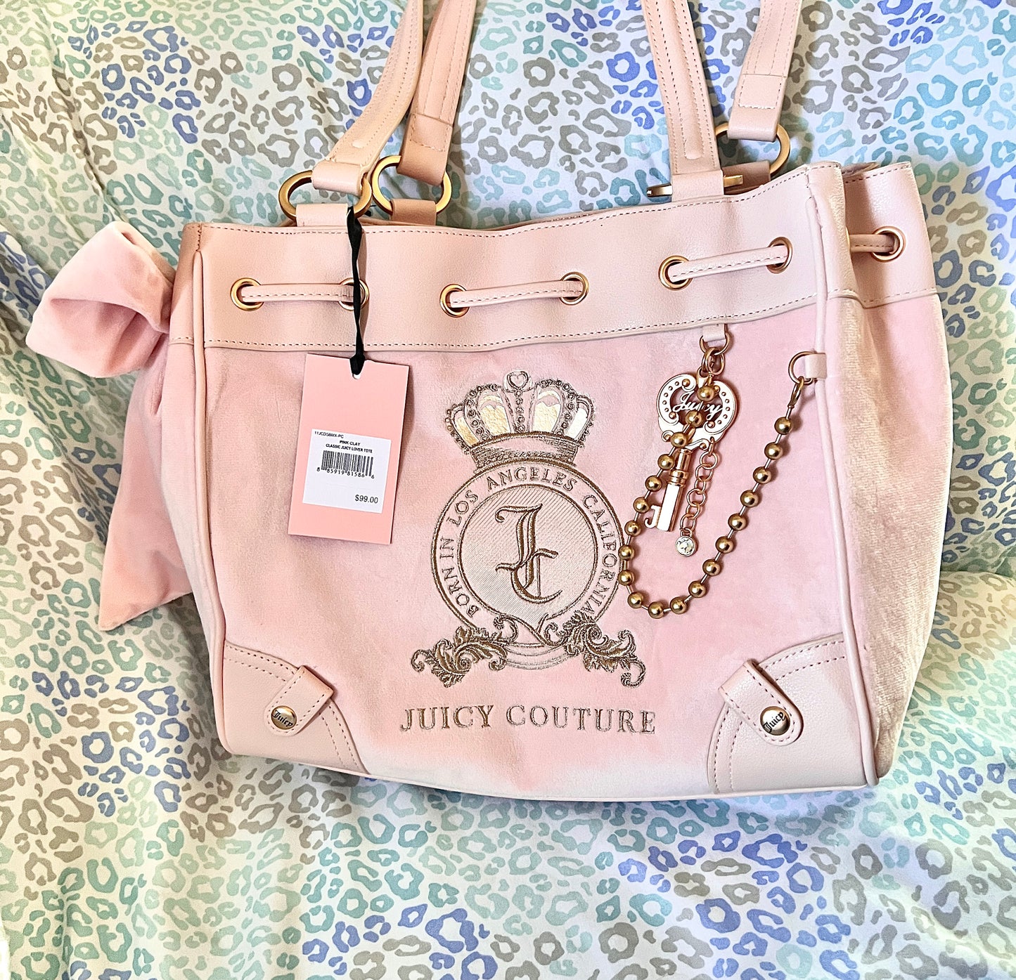 New Light Pink Juicy Couture Purse Daydreamer Tote Bag Velour Handbag Key Charm