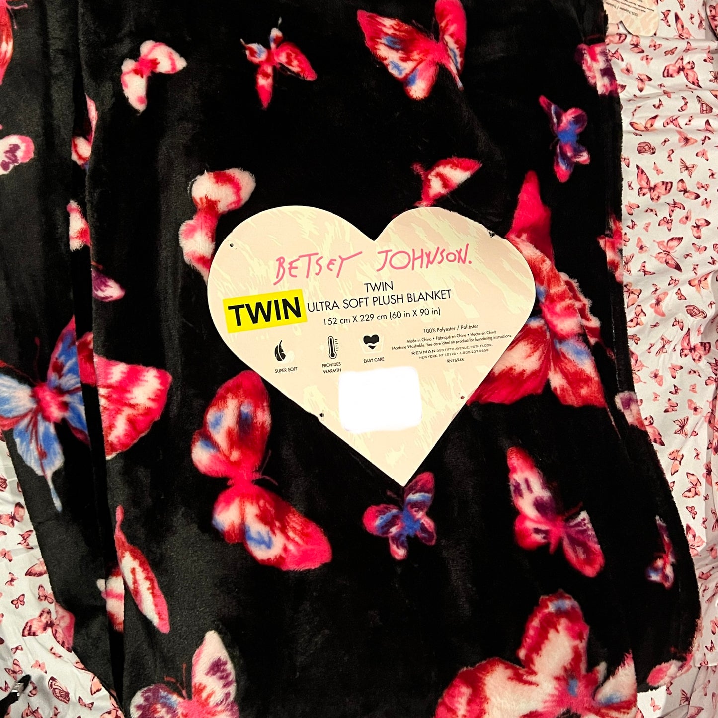 New Black Pink Betsey Johnson Plush Throw Blanket Twin Size Butterflies