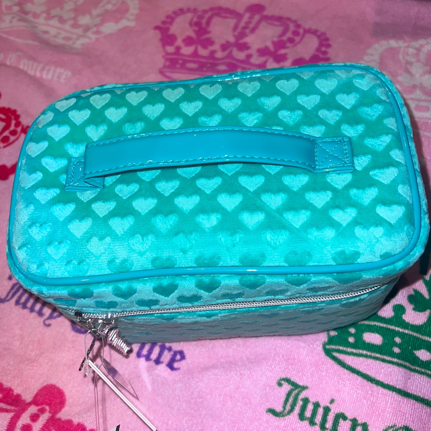 New Turquoise Juicy Couture Train Case Makeup Bag Velvet Cosmetic Purse Hearts