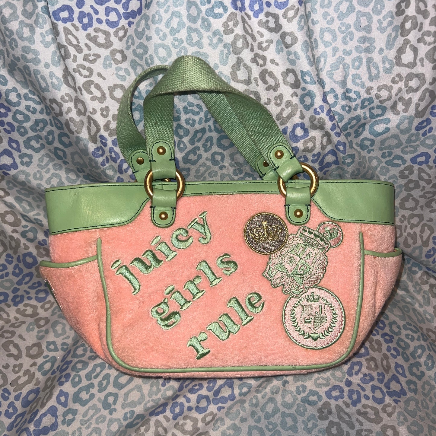 Vintage Green Pink Juicy Couture Bag Purse Handbag Terry Cloth Juicy Girls Rule
