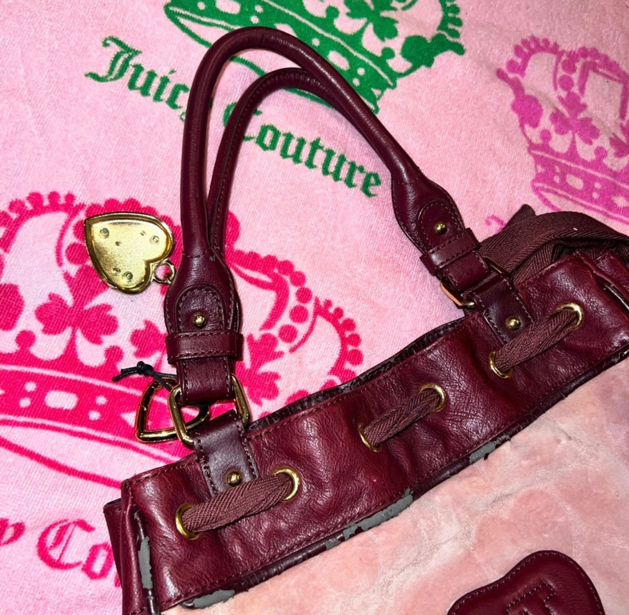 Vintage Pink Juicy Couture Purse Tote Bag Handbag Velour Daydreamer Y2K Hearts