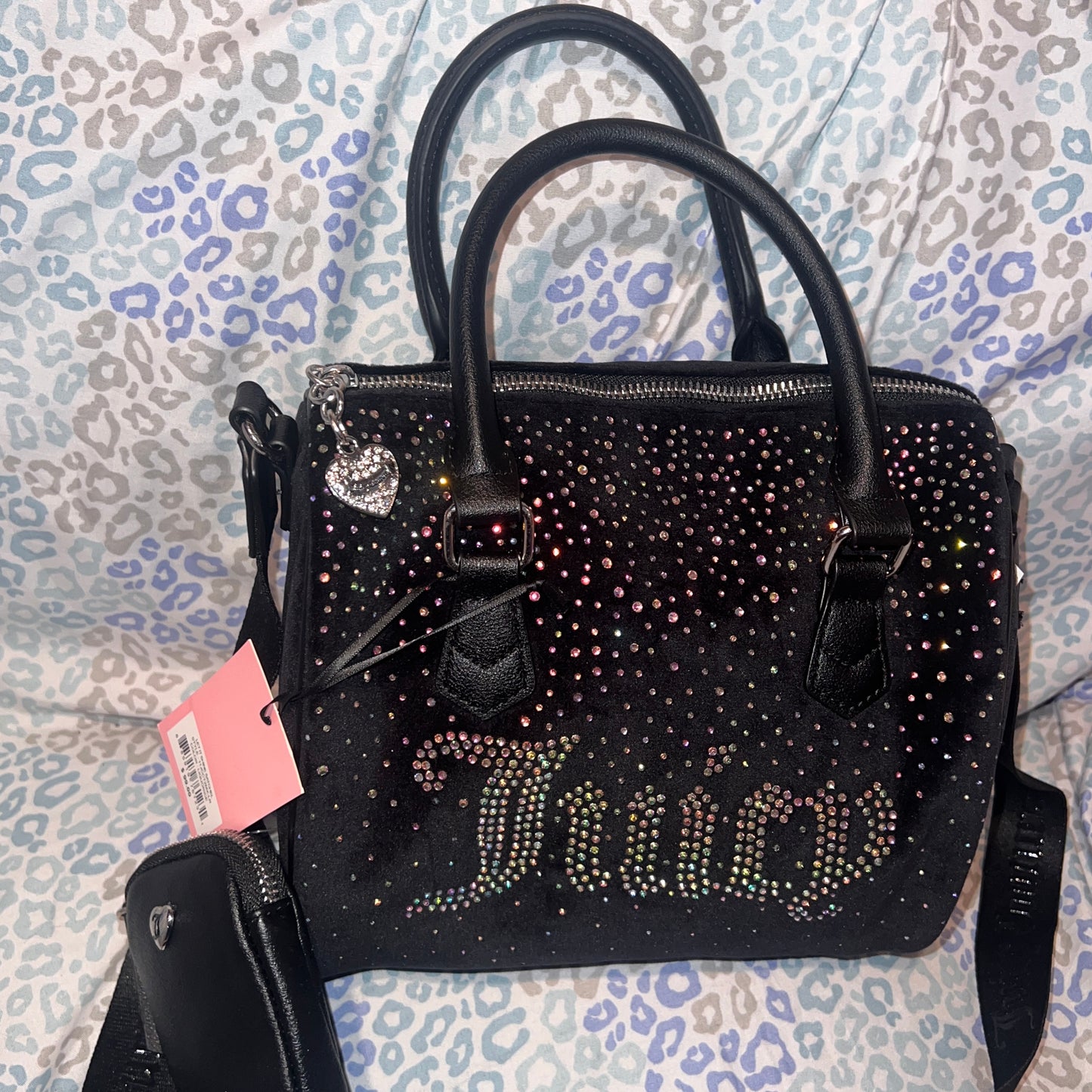 New Black Juicy Couture Satchel Bag Purse Crossbody Velvet Rhinestone MSRP $99
