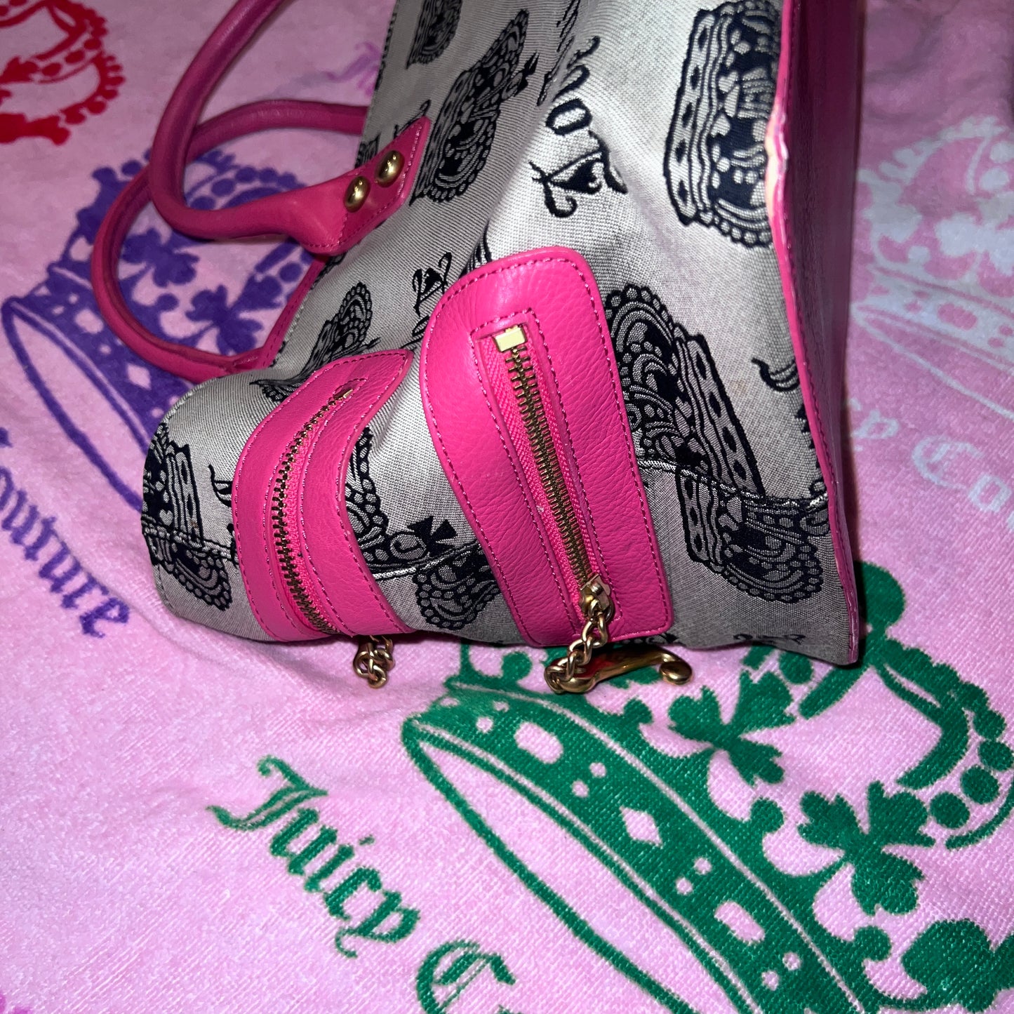 Vintage Pink Black Juicy Couture Purse Tote Bag Satchel XL Size Y2K