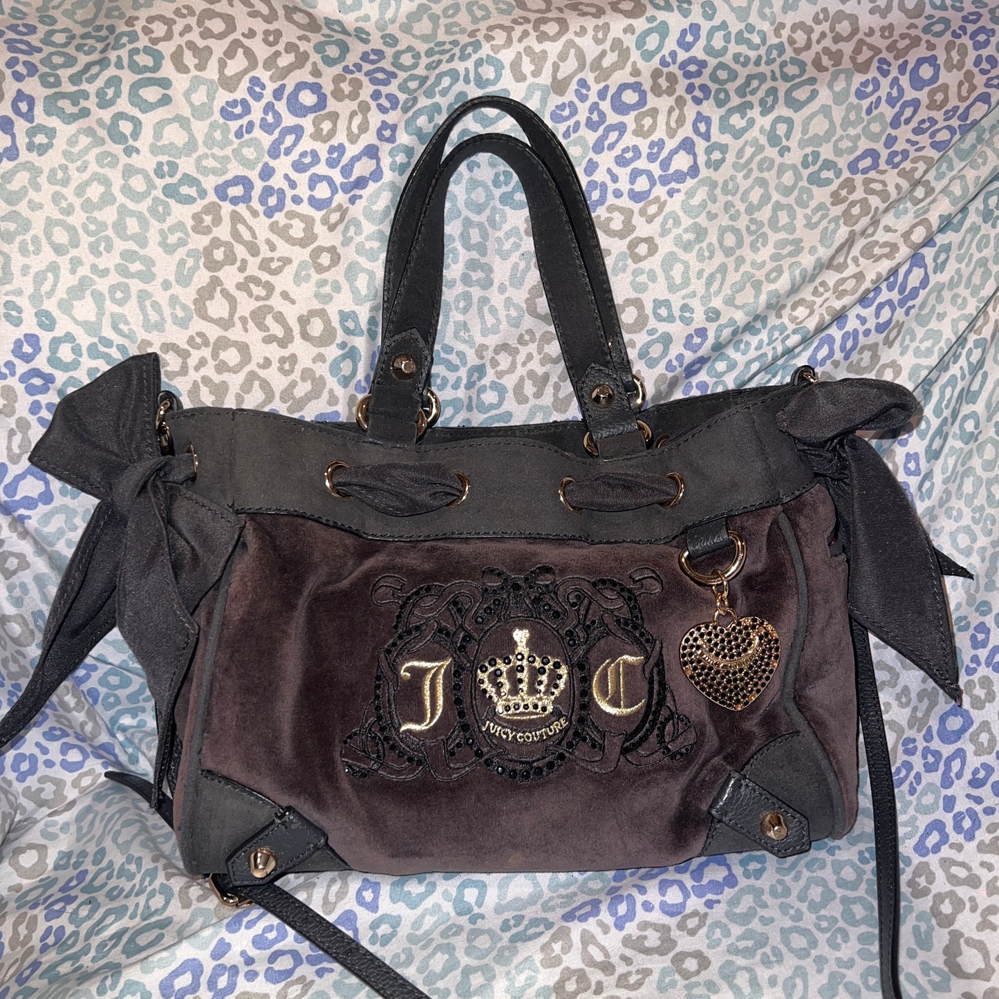 Vintage Black Grey Juicy Couture Purse Mini Daydreamer Tote Bag Handbag Velour