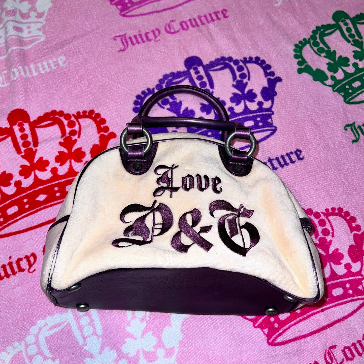 Vintage Purple Cream Juicy Couture Purse Satchel Bowler Bag Handbag Velour Y2K