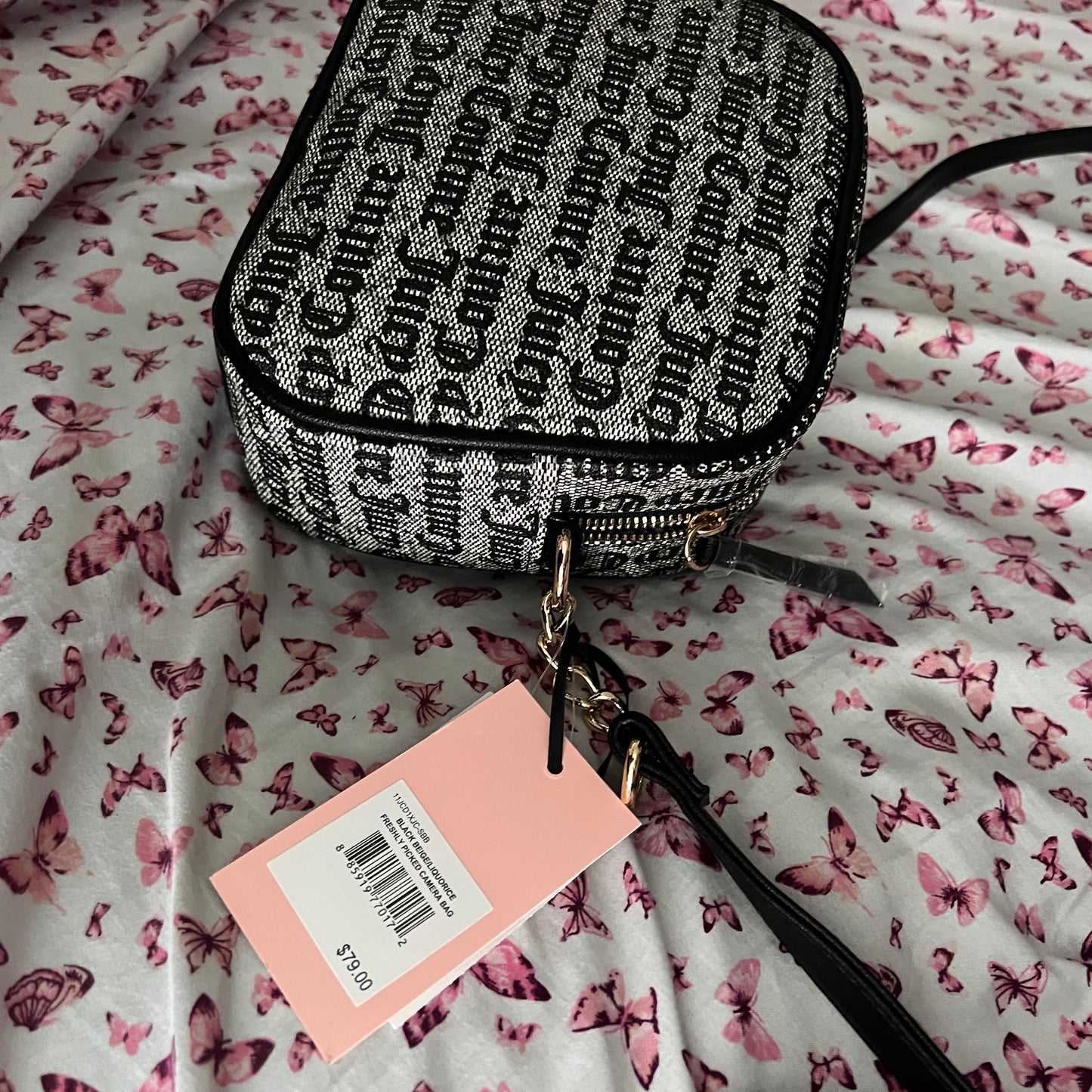 New Black Grey Juicy Couture Crossbody Purse Strawberry MSRP $79 Camera Bag