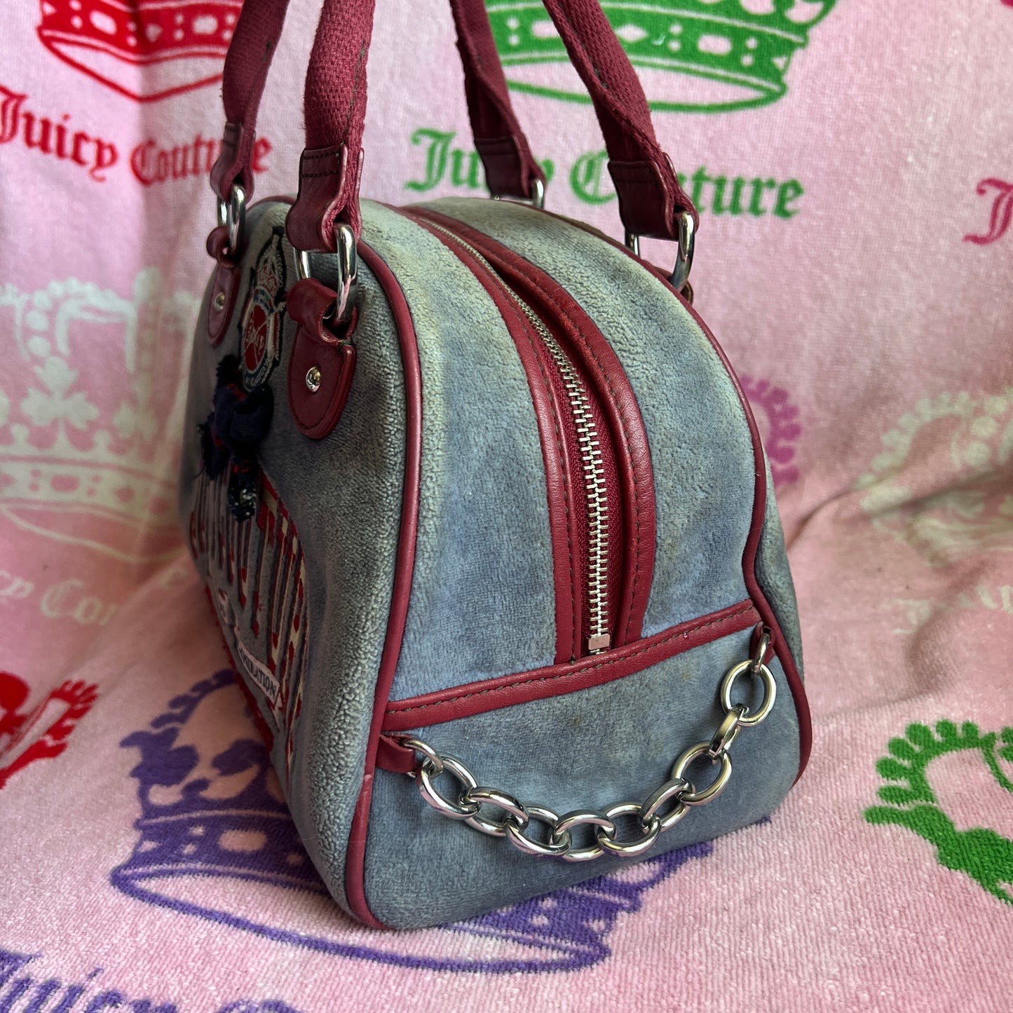 Vintage Red Blue Juicy Couture Bowler Bag Purse Handbag Trustfund University Y2K
