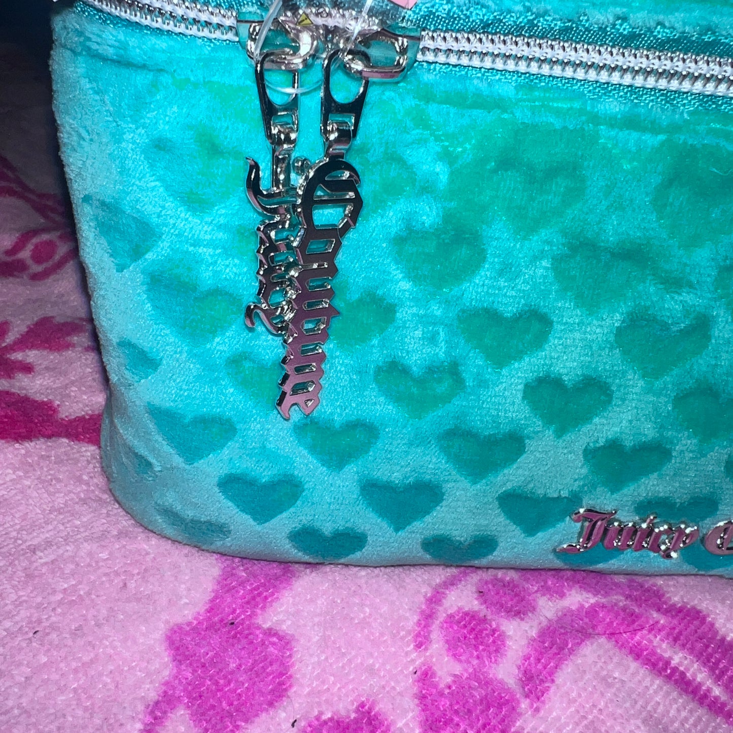 New Turquoise Juicy Couture Train Case Makeup Bag Velvet Cosmetic Purse Hearts