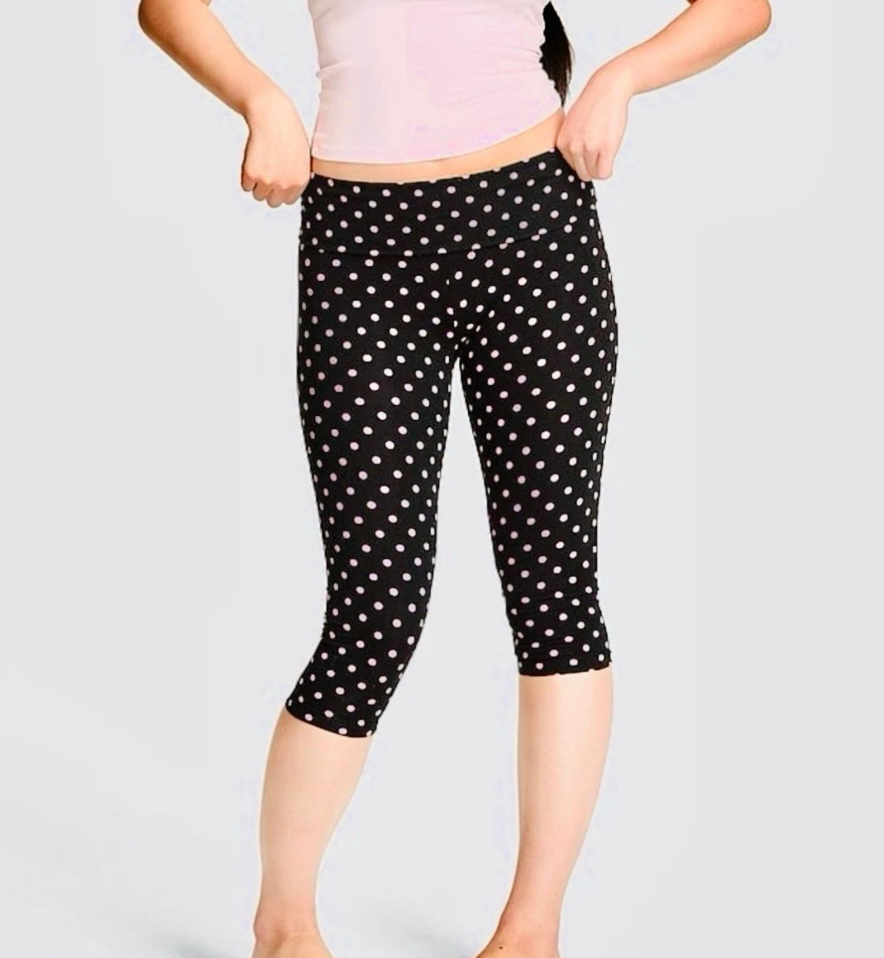 New Large Victoria's Secret PINK Black Pink Polka Dot Foldover Capri Legging