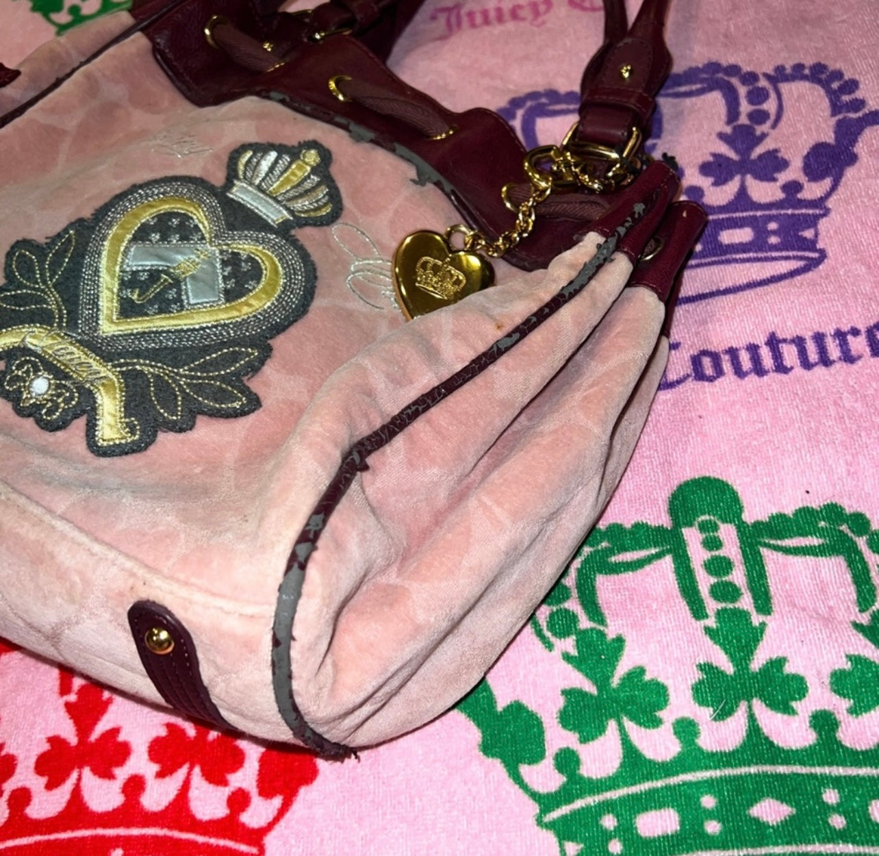 Vintage Pink Juicy Couture Purse Tote Bag Handbag Velour Daydreamer Y2K Hearts